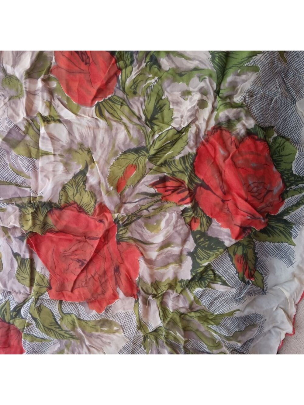 Vintage Silk/Rayon Scarf Floral Print Scarf Red Rose Design Ruffled Edges 30"
